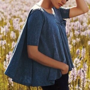 Anthropologie Eri + Ali (S) Trapeze Swing Blue T-Shirt Lightweight Top w Pocket